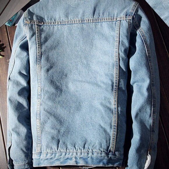 Men's Lapel Sherpa Fleece Lined Denim Trucker Jacket, Large - Warmth Meets Style - Picture 4 of 7